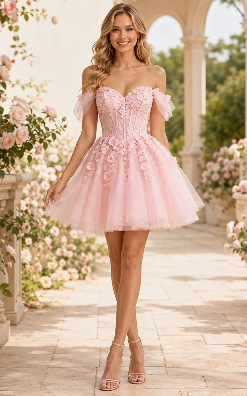 Pastel-Pink Off-Shoulder Sweetheart Corseted Floral-Appliqued Tulle A-Line Short Quinceanera Dress