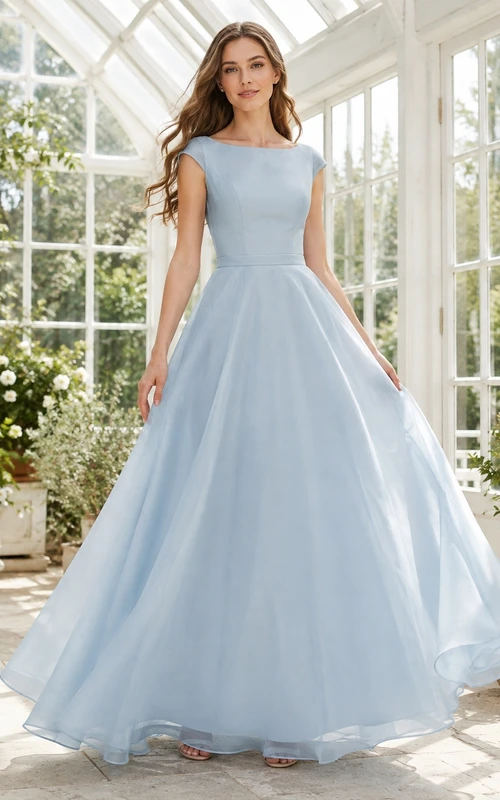 Vestido de noche de corte A con escote en V y mangas cortas de tul azul cielo