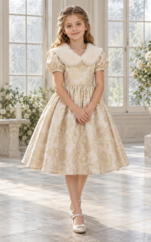Teelanges champagnerfarbenes Blumenmädchenkleid mit Pelzkragen, Puffärmeln und floralem Brokatmuster