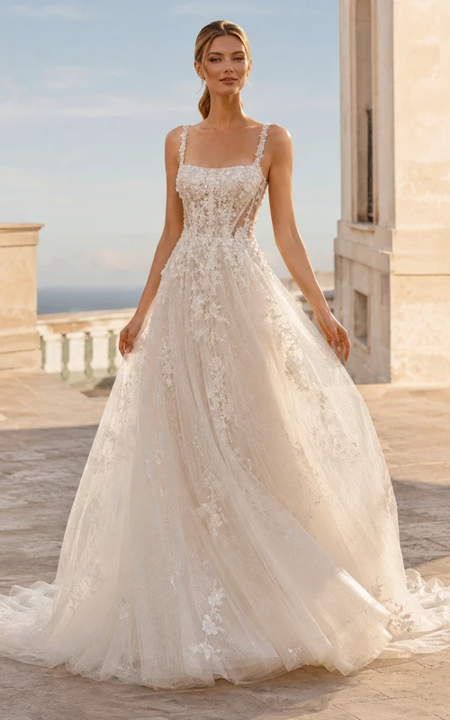 Robe de mariée de bal en dentelle et tulle enchanteresse, col carré, sans manches, coupe trapèze, traîne chapelle, ornée d'appliques.