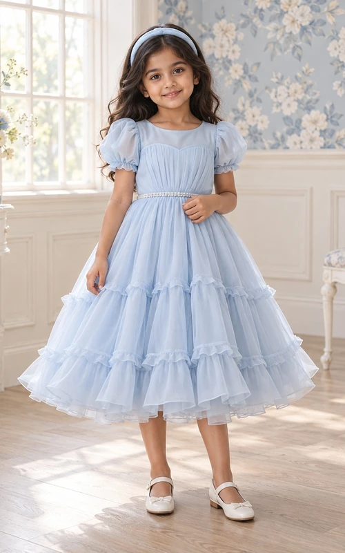 Vestido de niña de flores azul modesto de corte A con mangas abullonadas, corpiño plisado y volantes, hasta la rodilla.