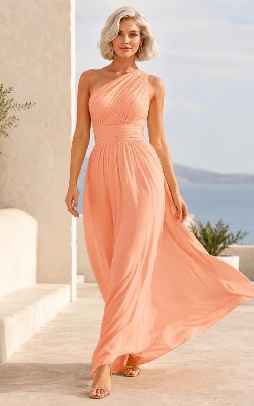 Elegant Coral Chiffon A-Line Floor-Length Halter Pleated Maxi Dress
