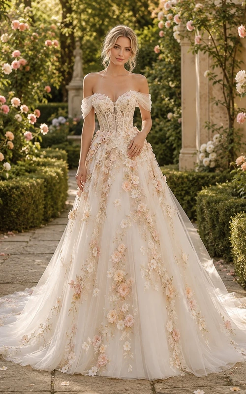 Vestido de novia formal de talla grande con hombros descubiertos y estilo romántico
