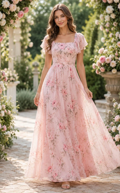 Blush floral flutter sleeve chiffon floor length A line bridesmaid dress