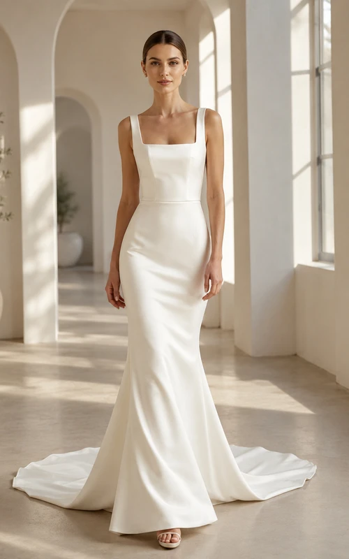 Modern Minimalist Square Neck Sleeveless Satin Sheath Court Train Wedding Dress