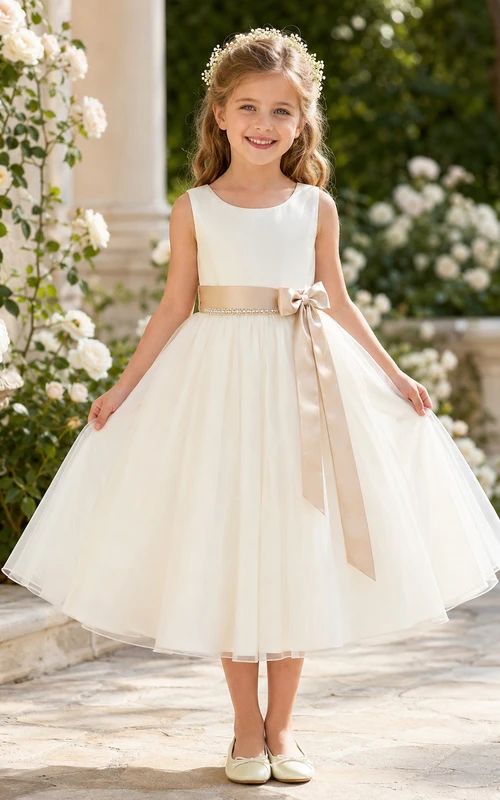 Flower Girl Dress Ivory Tulle A-Line Jewel Neck Tea Length Bow Detail Sash Detail