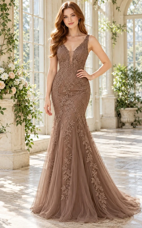 Western Taupe V-Neck Sleeveless Lace Mermaid Train Bridesmaid Dress