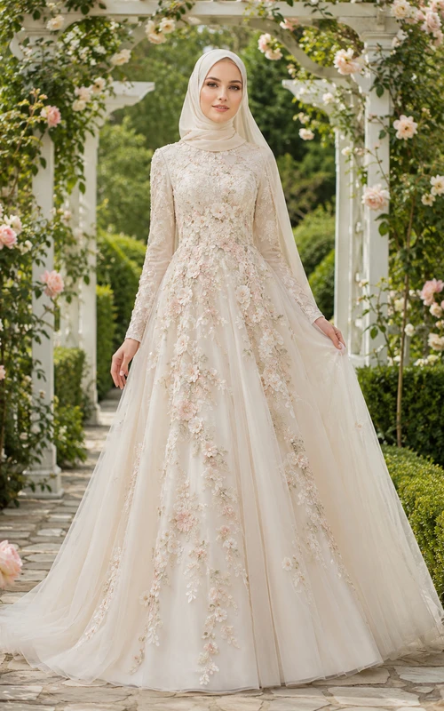Modest Muslim Floral Applique Long Sleeve A-Line Wedding Dress