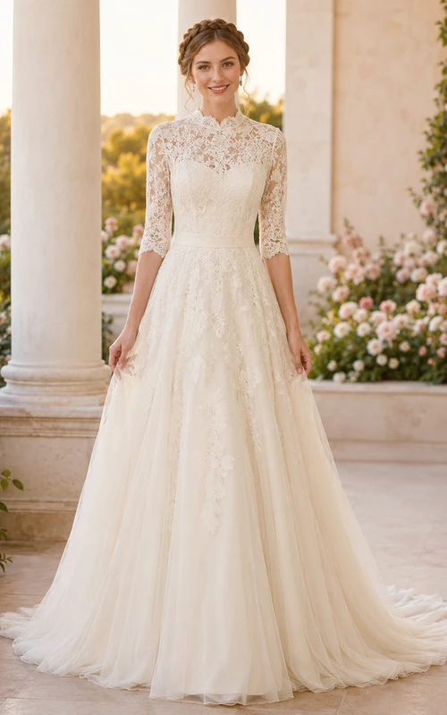 Modest High Neck Lace Wedding A Line Three Quarter Sleeve Court Train