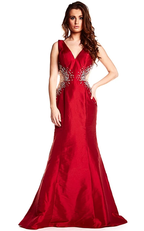 Robe de bal sirène sans manches à col en V et dos nu plongeant, ornée de perles et de perles