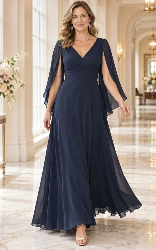 Vestido de noche formal azul marino oscuro con escote en V, cintura fruncida, capa de gasa y corte en A hasta el suelo.