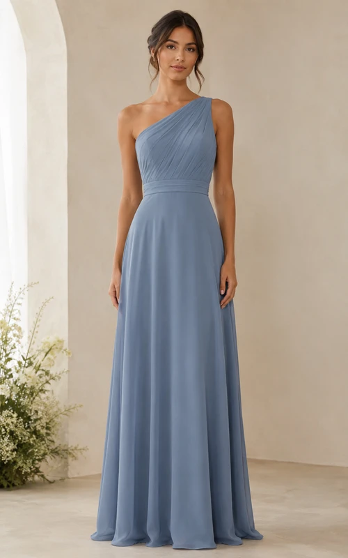 Vestido de dama de honor de gasa azul acero de un solo hombro y corte en A