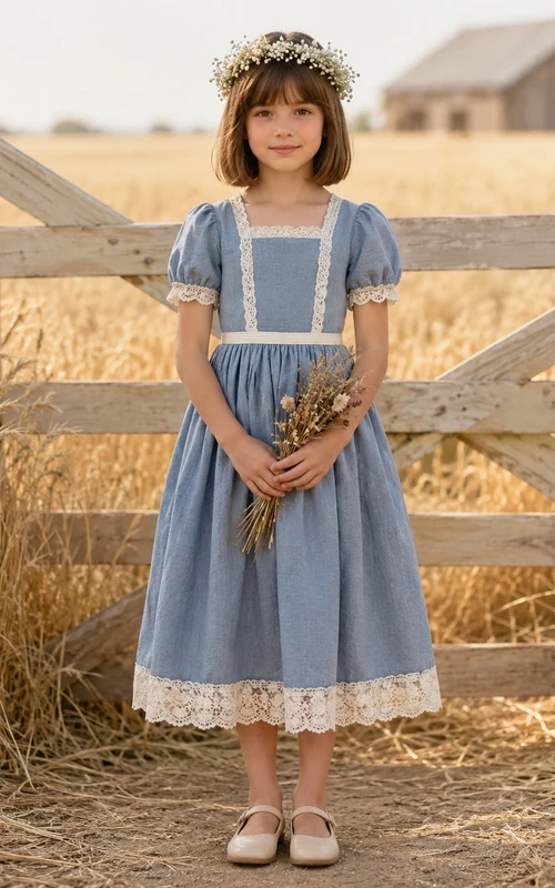 Robe champêtre vintage mi-longue en taffetas bleu acier, dentelle, manches bouffantes, col carré, coupe trapèze, style demoiselle d'honneur
