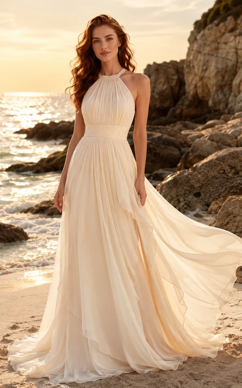 Halter Neck Pleated Chiffon Beach Sunset Bridal Gown