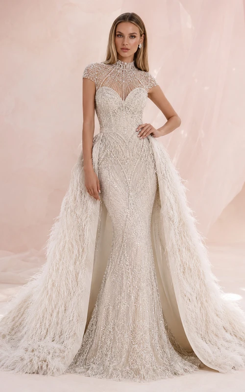 Robe de mariée sirène en dentelle à col montant et manches courtes, amovible, style chapelle
