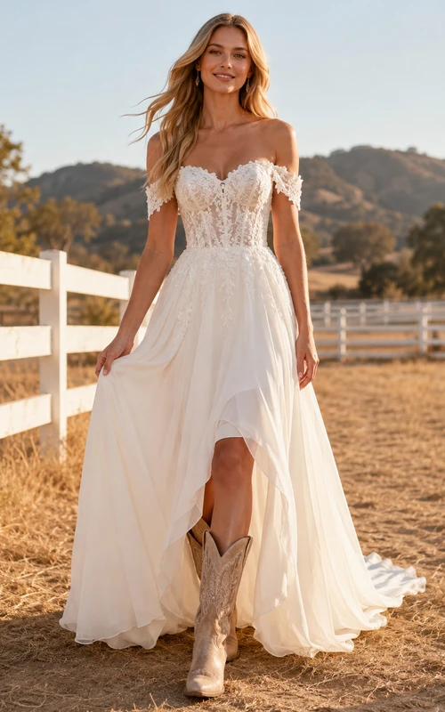 Ranch A-Line Wedding Dress with Off-Shoulder Lace and High-Low Train Romantic Bohemian Tulle Off-the-shoulder Sweetheart