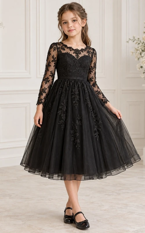 Schwarzes, langärmeliges Blumenmädchenkleid mit Illusionsausschnitt, floraler Spitze und Tüll in Teelänge