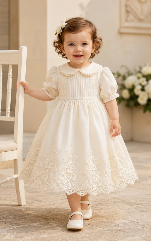 Collared Baptism Dress A-Line Cotton Lace Short Sleeve Vintage Skirt