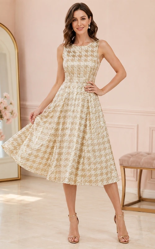 Vintage Champagne Jewel Neck Sleeveless Sequin Houndstooth A-Line Tea-Length Cocktail Dress