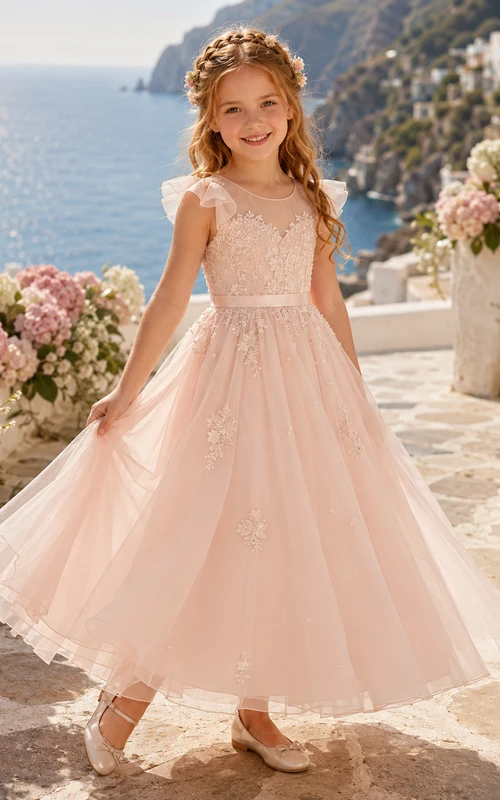 Adorable A-Line Flower Girl Dress with Square Neck Peach Tulle Lace Floral Beach Party