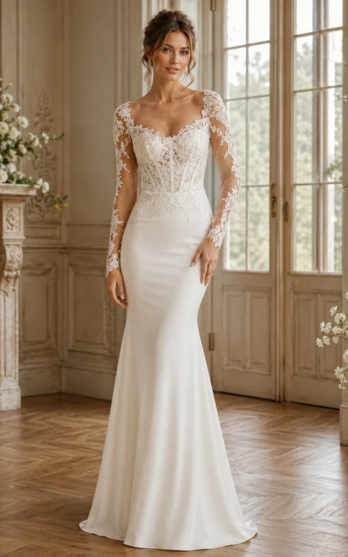 Langärmeliges Brautkleid aus Satin mit Korsett-Oberteil, Herzausschnitt und Meerjungfrauen-Schnitt, bodenlang