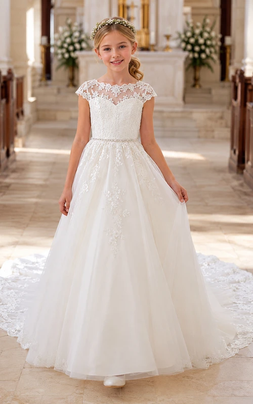 Vestido de niña de las flores para la comunión, con mangas cortas y cola de capilla y encaje floral.