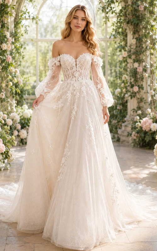 Robe de mariée modeste en dentelle et tulle, coupe sirène, col rond, manches longues et traîne chapelle.