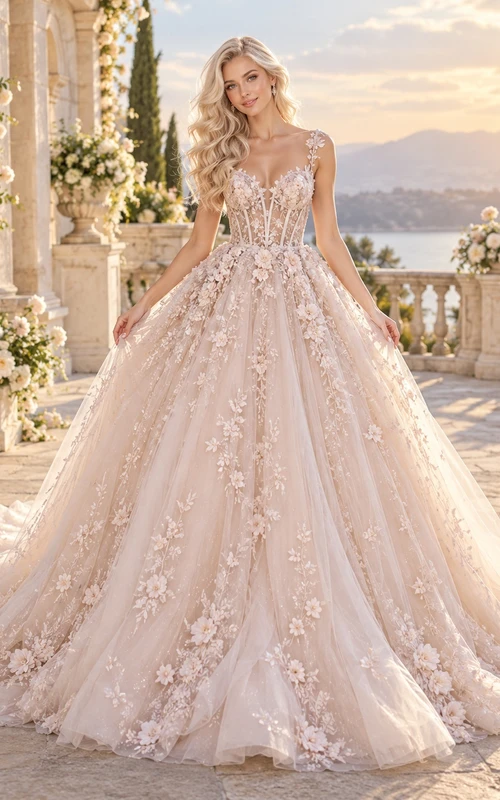Blush Floral Strap Corset Tulle Chapel Train Ball Gown Wedding Dress