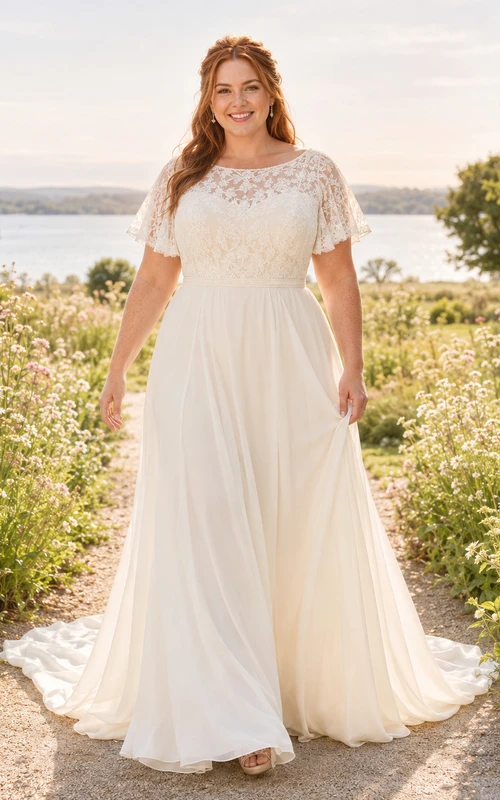 Chiffon Wedding Dress A-Line Jewel Neck Cap Sleeve Sweep Train Bridal Gown