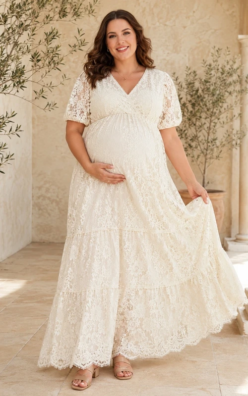 V-Neck Short Sleeve Empire Maternity A-Line Maxi Wedding Dress