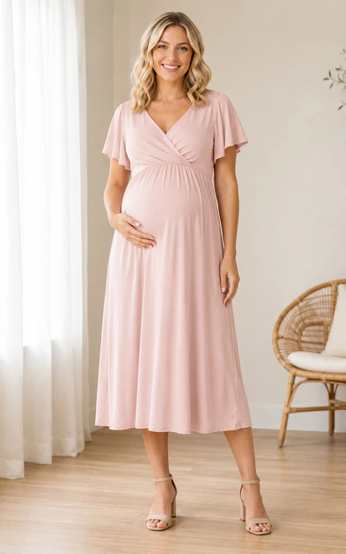 Vestido de maternidad rosa rubor asequible con escote en V, mangas con volantes y corte imperio, de punto, largo hasta la rodilla.
