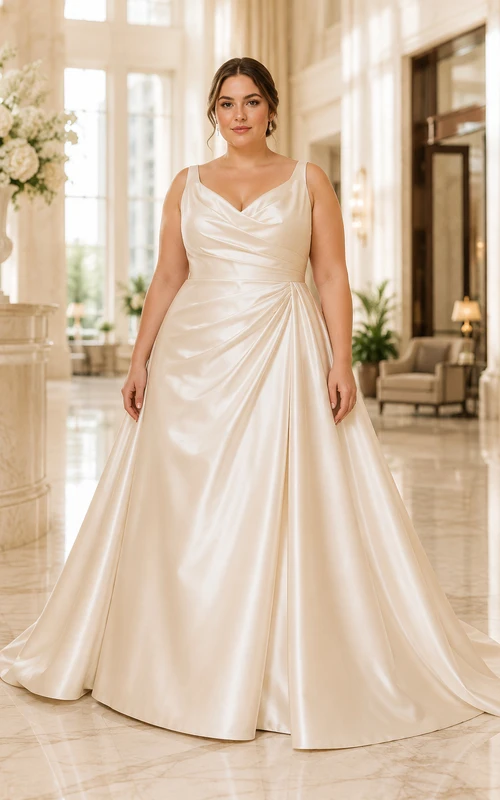Robe de mariée grande taille en satin, col V, coupe trapèze