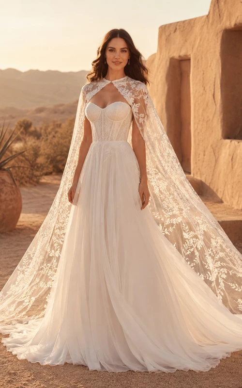 Boho Lace Cape A-Line Wedding Dress