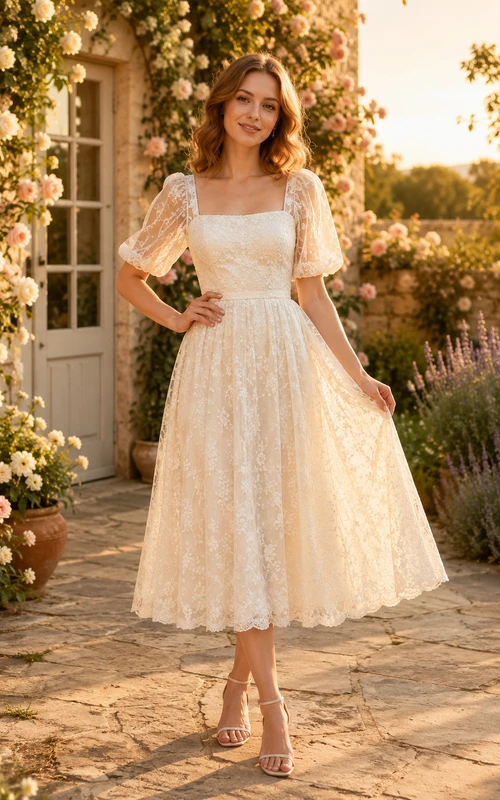 Wedding Guest Dress Ivory Lace A-Line Square Neck Short Sleeve Tea Length