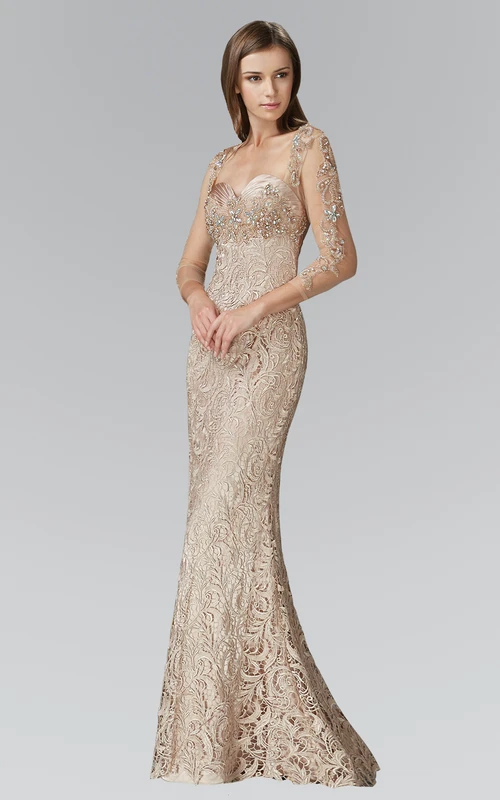 Sheath Floor-Length Sweetheart Long Sleeve Lace Dress With Beading