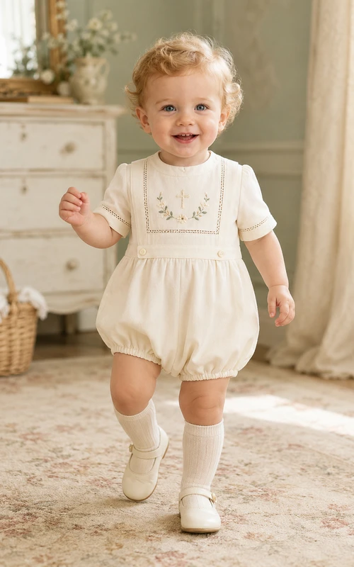 Cremefarbener, bestickter Tauf-Strampler mit Kreuzmotiv für Jungen