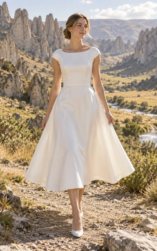 Vestido de novia sencillo de satén con escote barco, mangas cortas y corte en A, largo hasta la rodilla, con cinturilla.