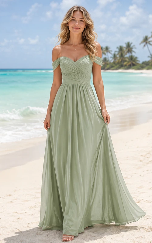 Sage Destination Beach A-Line Chiffon Bridesmaid Dress with Off-Shoulder Sweetheart Short Sleeve Bodice, Pleated Floor-Length Skirt and Zipper Back