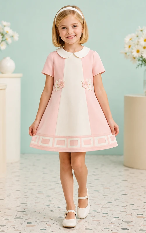 A-Line 1960s Mod Flower Girl Dress with Cap Sleeves, Floral Print, Knee-Length Skirt, Clean Bodice, 1960s Mod Ceremony Style