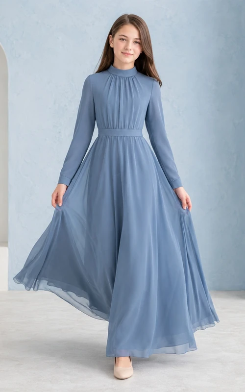 Himmelblaues Brautjungfernkleid für junge Damen, A-Linie, hoher Kragen, lange Ärmel, Chiffon, schlicht