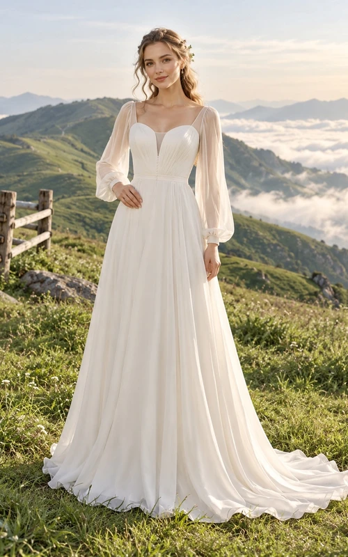 Vestido de novia sencillo de gasa con escote corazón y mangas largas, corte A, estilo campestre.