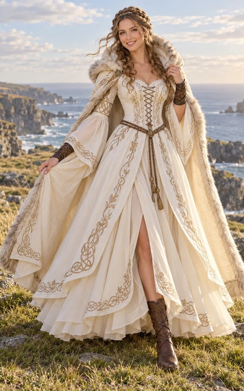 Viking Vintage Corset Long Sleeve Fur Cape A-line Wedding Dress