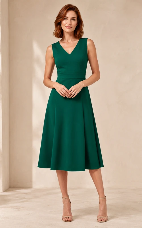 Emerald sleeveless V-neck knee length fit flare cocktail dress
