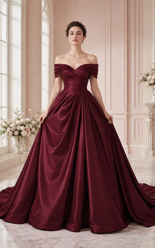 Robe de bal romantique en satin bordeaux à épaules dénudées et drapée, idéale pour une mariée.