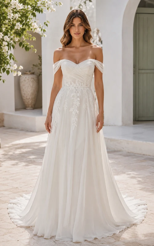 Off Shoulder Lace Bodice A-Line Wedding Dress with Chiffon Chapel Train
