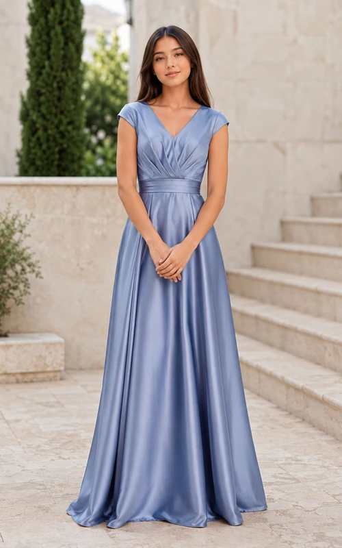 Vestido de dama de honor juvenil azul pizarra, corte en A, escote en V, sin mangas, satén de lujo.