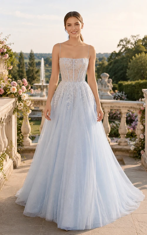 Robe de mariée bleu ciel à fines bretelles en tulle perlé, coupe trapèze