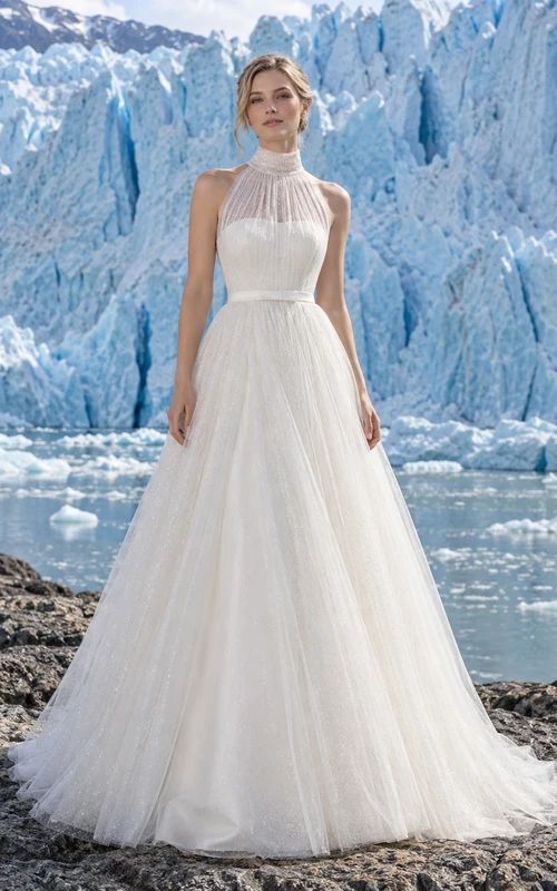 Vestido de novia de tul de corte A con cuello alto y corpiño sin mangas plisado con lunares.