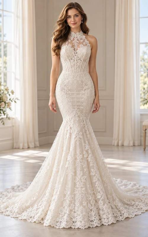 Mermaid High Halter Floral Illusion Lace Train Bridal Wedding Dress