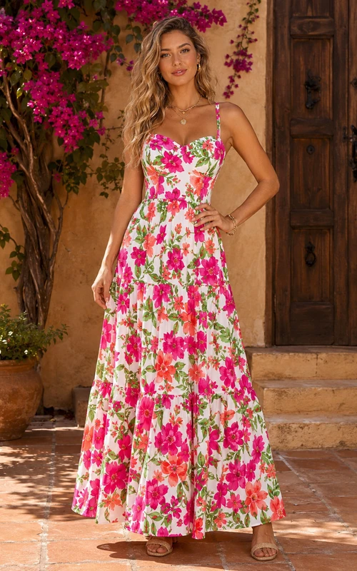 Pink floral spaghetti strap A-line resort maxi dress